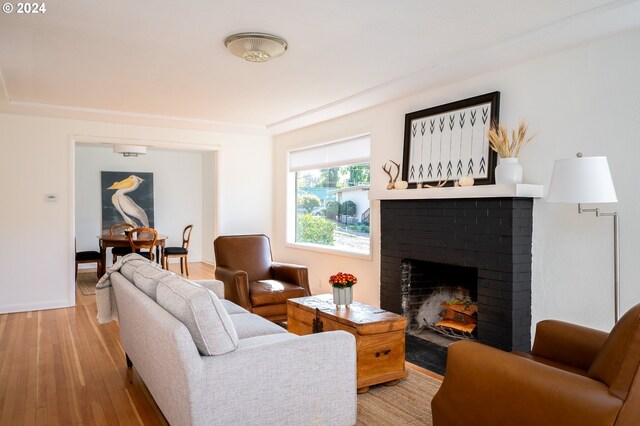 living room featuring a fireplace and light hardwood / wood-style floors