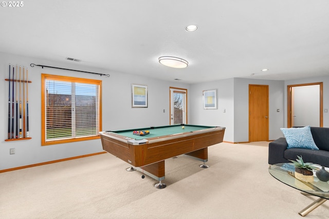 rec room with light carpet and billiards