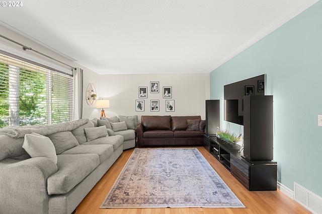 living room with crown molding and light hardwood / wood-style flooring