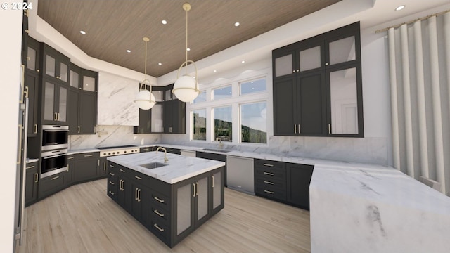 kitchen with backsplash, dishwasher, a raised ceiling, double oven, and a center island