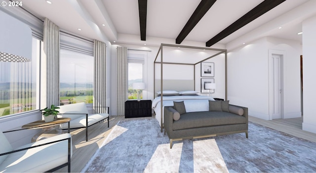 living room featuring beamed ceiling and wood-type flooring