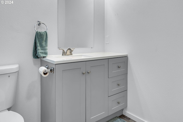 bathroom with wood-type flooring, vanity, and toilet