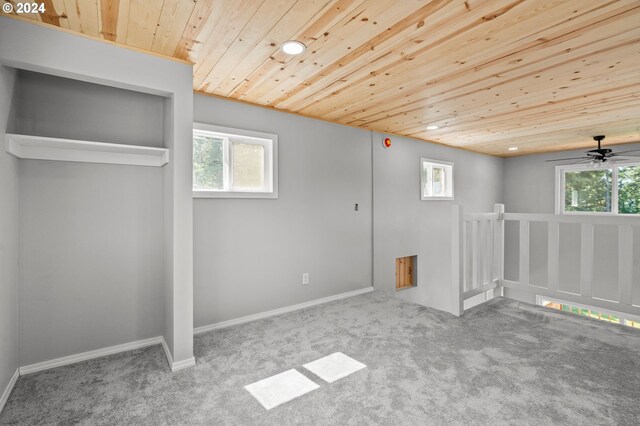 interior space with carpet flooring, ceiling fan, wooden ceiling, and a wealth of natural light