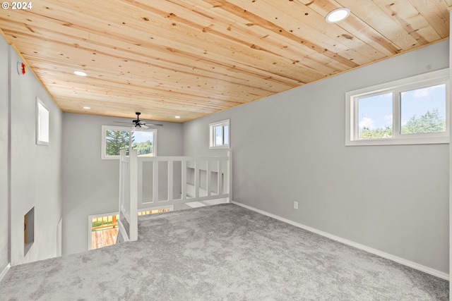 empty room with carpet flooring and wooden ceiling