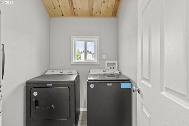 laundry room featuring washer and clothes dryer and wood ceiling