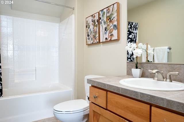 full bathroom with vanity, toilet, shower / tub combo, and decorative backsplash