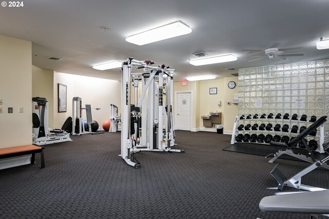 workout area featuring ceiling fan