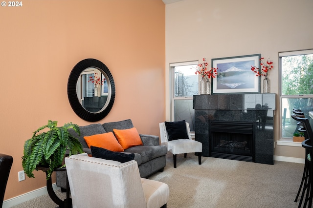 carpeted living room with a fireplace