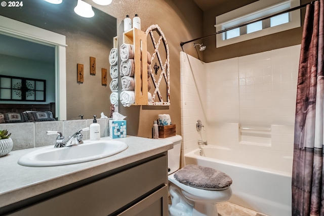 full bathroom featuring vanity, toilet, and shower / bathtub combination with curtain