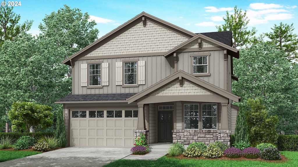 craftsman inspired home featuring driveway, a shingled roof, stone siding, an attached garage, and board and batten siding