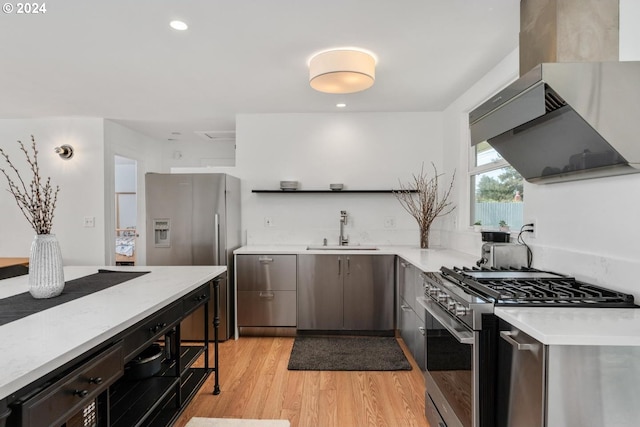 kitchen with appliances with stainless steel finishes, light hardwood / wood-style floors, exhaust hood, and sink