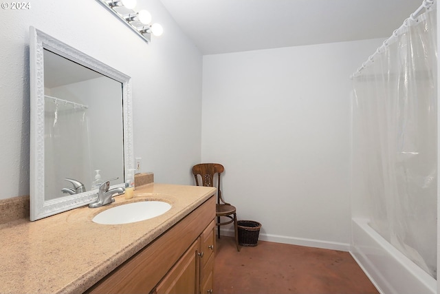 full bathroom featuring shower / bath combo, baseboards, and vanity