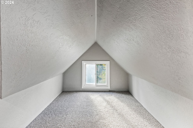 bonus room featuring a textured ceiling, carpet floors, and vaulted ceiling