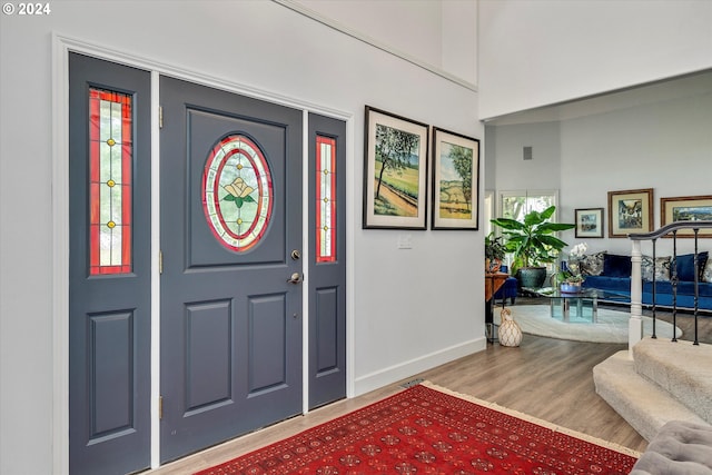 entrance foyer with plenty of natural light, a towering ceiling, baseboards, and wood finished floors