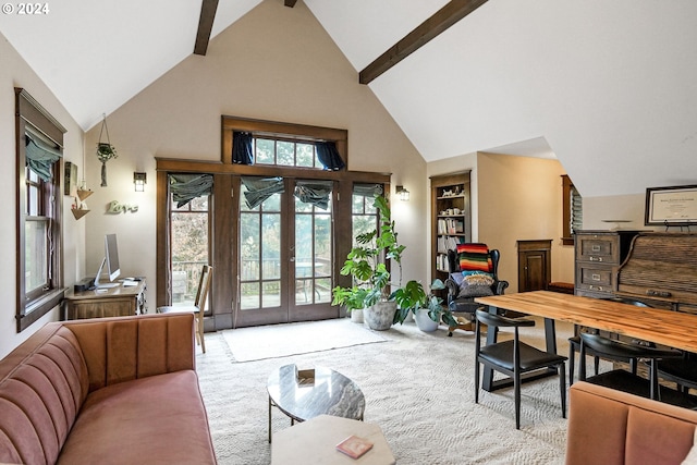 living room featuring high vaulted ceiling, beamed ceiling, french doors, and light colored carpet