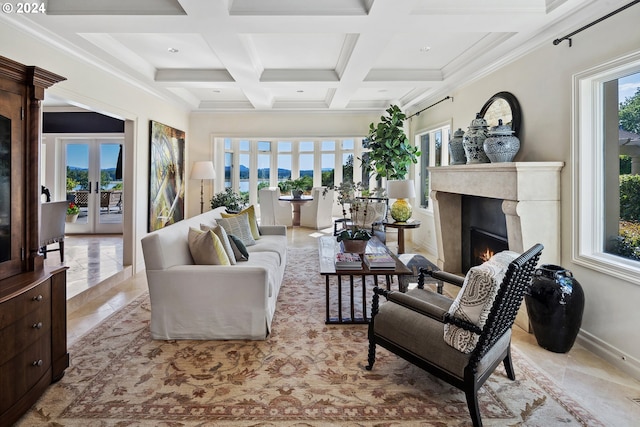 living room with a fireplace, french doors, and a wealth of natural light