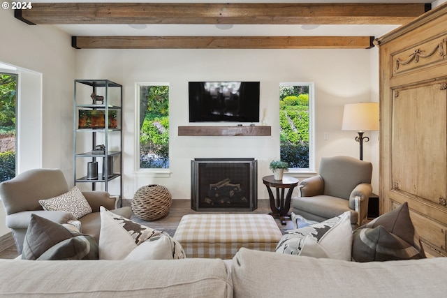 living room with wood-type flooring and beam ceiling