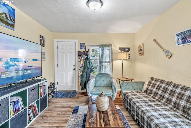 living room with a textured ceiling and light wood-type flooring