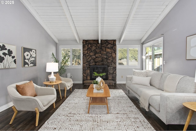 living room featuring dark wood-type flooring, a fireplace, and lofted ceiling with beams