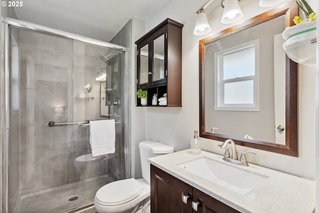 bathroom with vanity, toilet, and a shower with shower door