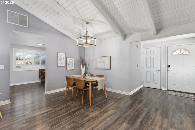 dining area with dark hardwood / wood-style flooring, lofted ceiling with beams, wooden ceiling, and an inviting chandelier