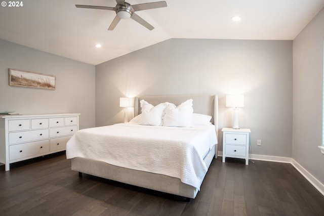 bedroom featuring lofted ceiling, ceiling fan, and dark hardwood / wood-style floors