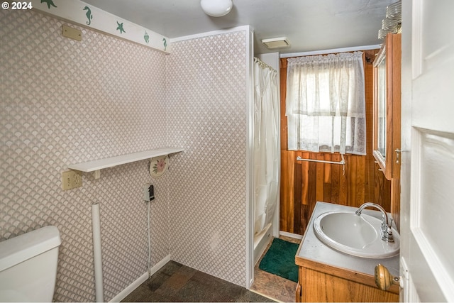 bathroom with vanity, toilet, and a shower with shower curtain