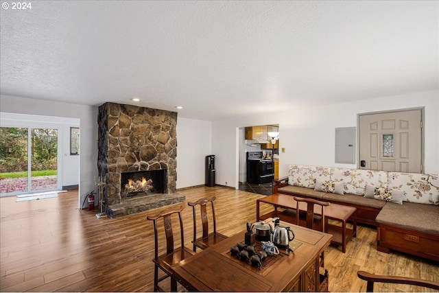 living room featuring a fireplace, hardwood / wood-style floors, and electric panel