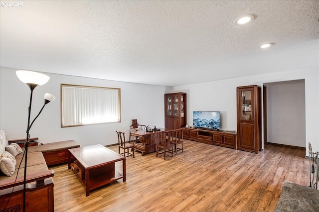 living room featuring a textured ceiling and light hardwood / wood-style floors