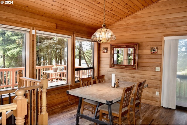 dining area featuring vaulted ceiling, wooden ceiling, a notable chandelier, hardwood / wood-style floors, and wood walls