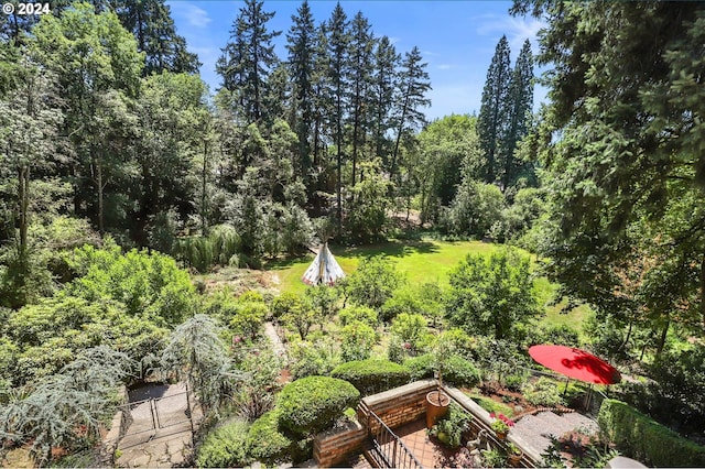 view of yard with fence and a forest view