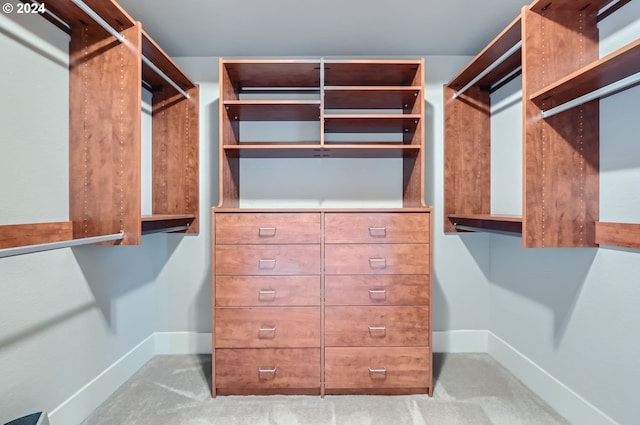 walk in closet featuring light carpet