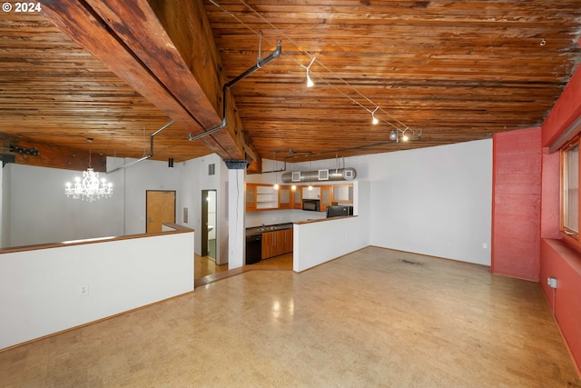 unfurnished living room featuring wooden ceiling and a notable chandelier