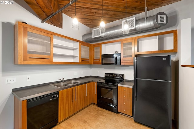 kitchen featuring sink, wood ceiling, hanging light fixtures, and black appliances