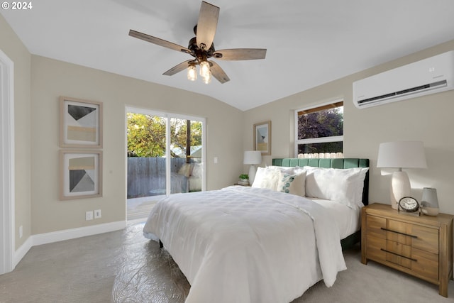 bedroom featuring access to exterior, light carpet, a wall mounted air conditioner, vaulted ceiling, and ceiling fan