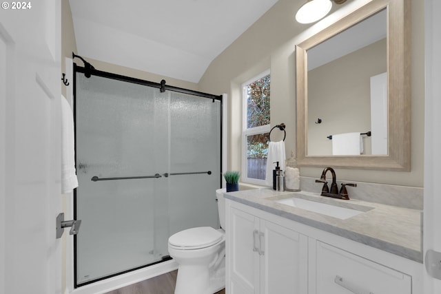 bathroom with vanity, walk in shower, toilet, and hardwood / wood-style flooring