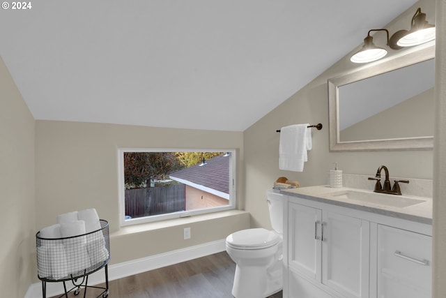 bathroom featuring vanity, vaulted ceiling, and toilet