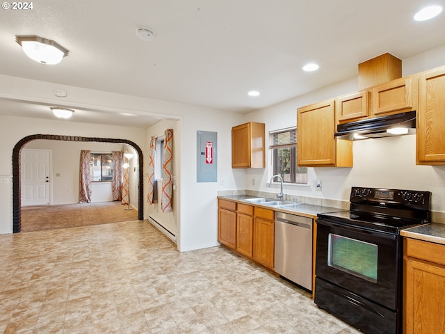 kitchen featuring electric panel, sink, stainless steel dishwasher, baseboard heating, and black / electric stove