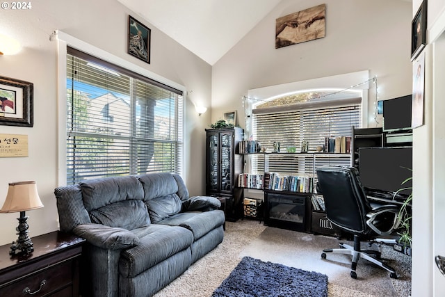 office space featuring carpet floors and high vaulted ceiling