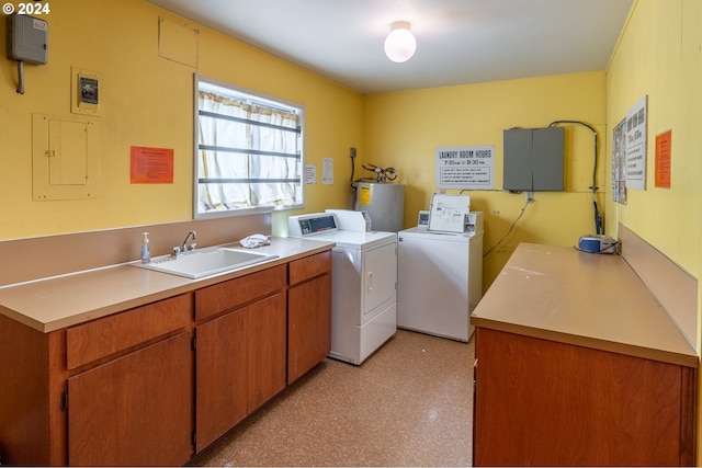 laundry room with cabinets, electric water heater, washer and clothes dryer, sink, and electric panel