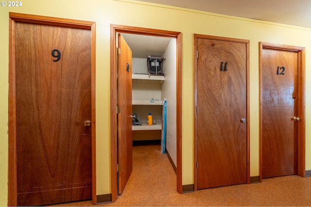 hallway featuring light colored carpet