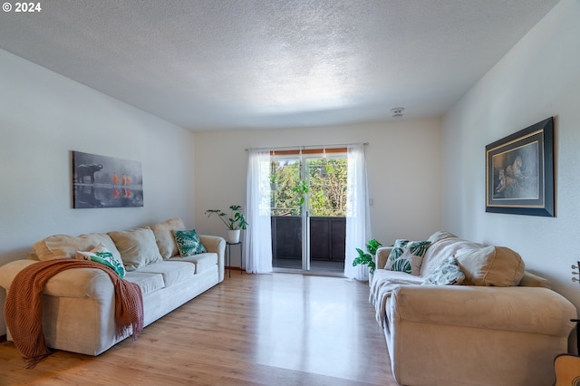 living room with light hardwood / wood-style floors and a textured ceiling