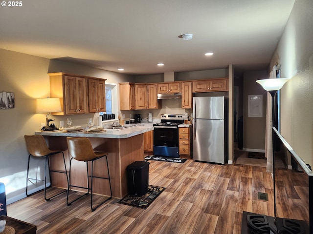 kitchen featuring stainless steel appliances, wood-type flooring, sink, and kitchen peninsula