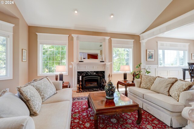 living room with lofted ceiling, a fireplace, and plenty of natural light