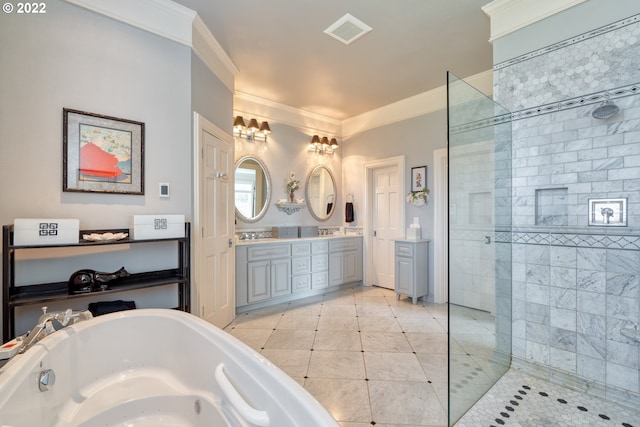 bathroom featuring ornamental molding, tile flooring, vanity, and plus walk in shower