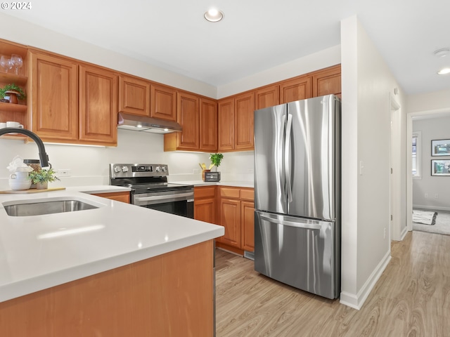 kitchen featuring appliances with stainless steel finishes, kitchen peninsula, sink, and light hardwood / wood-style floors