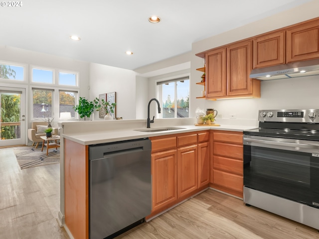 kitchen featuring light hardwood / wood-style floors, stainless steel appliances, sink, and kitchen peninsula