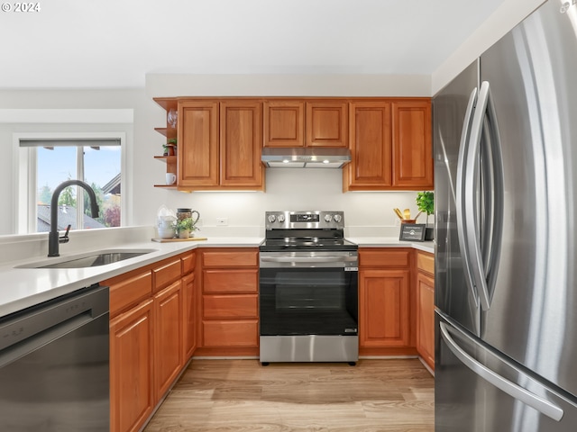 kitchen featuring light hardwood / wood-style flooring, appliances with stainless steel finishes, and sink