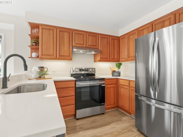 kitchen with stainless steel appliances, sink, and light wood-type flooring