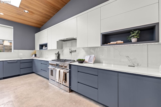 kitchen with backsplash, range with two ovens, wooden ceiling, white cabinets, and lofted ceiling